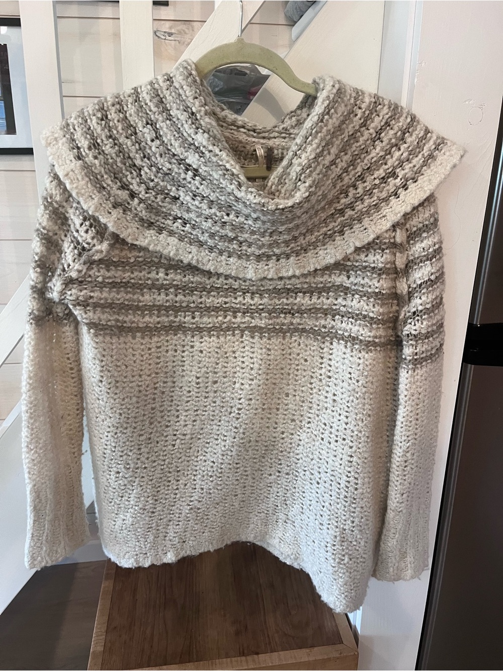 Free People Cream and Gray Striped Cowl Neck Sweater